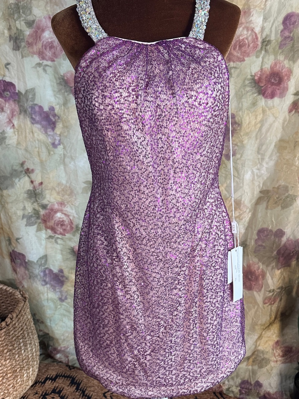 Embellished Strap Lavender Sequin Mini Dress